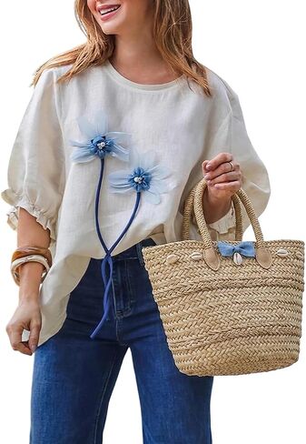 CHICME المرأة نصف كم بلايز Crewneck ثلاثية الأبعاد الأزهار يزين كشكش الكفة بلوزة عادية الصيف فضفاضة تناسب قميص in Kuwait