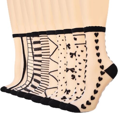 10 Pairs Sheer Ankle Socks Women Pop Socks Black See Through Sock Transparent Thin Lace Mesh Cute Bow Heart Polka Dot in Saudi Arabia