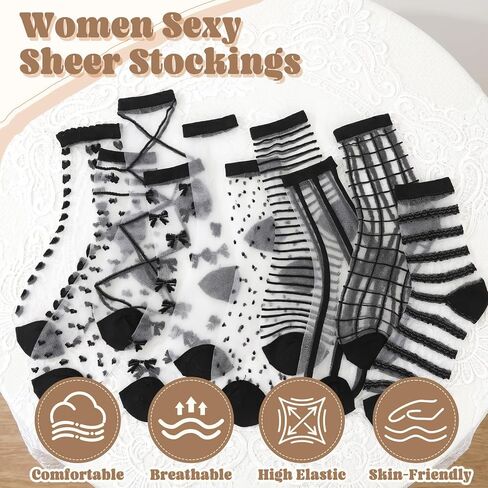 10 Pairs Sheer Ankle Socks Women Pop Socks Black See Through Sock Transparent Thin Lace Mesh Cute Bow Heart Polka Dot in Saudi Arabia