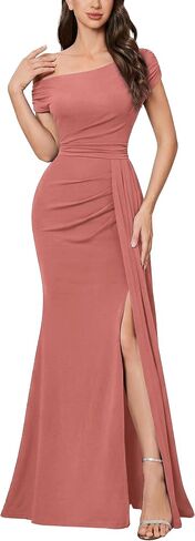 Miusol Women's Sexy One Shoulder Sleeveless Ruched Split Formal Evening Party Maxi Dress in Kuwait