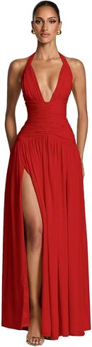 Halter Prom Dresses for Women Long Corset Pleated Chiffon Formal Dress with Slit in Saudi Arabia