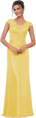 Mother of The Bride Dress Chiffon Lace Applique Mermaid Formal Wedding Guest Dress with Cap Sleeve in Saudi Arabia