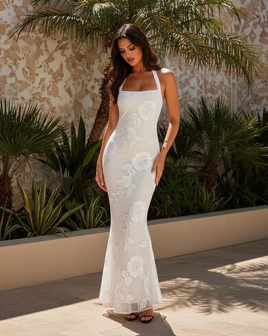 Summer Floral Sleeveless Wedding Guest Maxi Dresses for Women Elegant Halter Mermaid Evening Dress in Kuwait