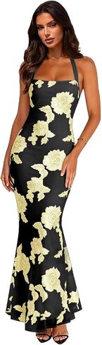 Summer Floral Sleeveless Wedding Guest Maxi Dresses for Women Elegant Halter Mermaid Evening Dress in Kuwait