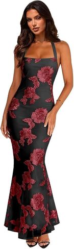 Summer Floral Sleeveless Wedding Guest Maxi Dresses for Women Elegant Halter Mermaid Evening Dress in Kuwait