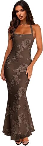Summer Floral Sleeveless Wedding Guest Maxi Dresses for Women Elegant Halter Mermaid Evening Dress in Kuwait