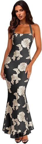 Summer Floral Sleeveless Wedding Guest Maxi Dresses for Women Elegant Halter Mermaid Evening Dress in Kuwait