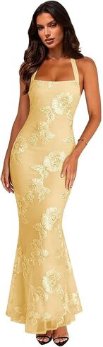 Summer Floral Sleeveless Wedding Guest Maxi Dresses for Women Elegant Halter Mermaid Evening Dress in Kuwait