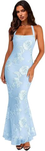 Summer Floral Sleeveless Wedding Guest Maxi Dresses for Women Elegant Halter Mermaid Evening Dress in Kuwait