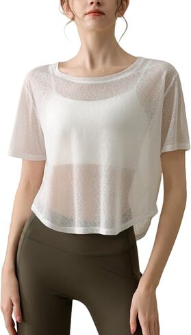 Perbai Womens Sheer Short Sleeve Workout Crop Top Crewneck See Through Loose Yoga Running Shirt in Saudi Arabia