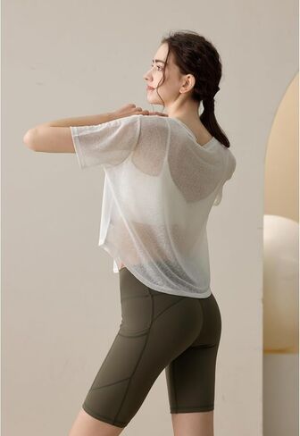 Perbai Womens Sheer Short Sleeve Workout Crop Top Crewneck See Through Loose Yoga Running Shirt in Saudi Arabia