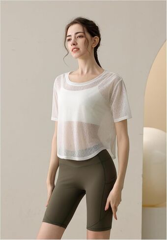 Perbai Womens Sheer Short Sleeve Workout Crop Top Crewneck See Through Loose Yoga Running Shirt in Saudi Arabia
