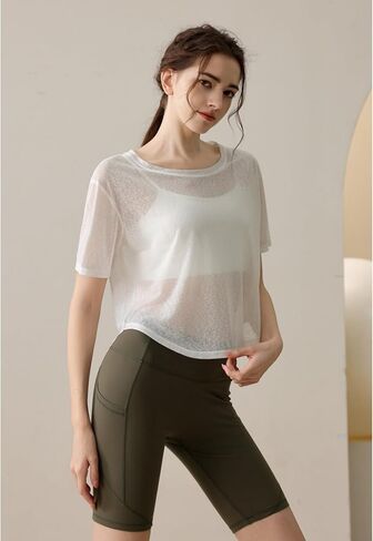 Perbai Womens Sheer Short Sleeve Workout Crop Top Crewneck See Through Loose Yoga Running Shirt in Saudi Arabia