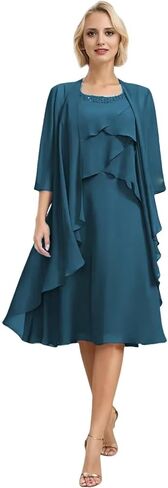 2 Pieces Mother of The Bride Dresses with Jacket for Wedding Tiered Beaded Chiffon Formal Evening Gowns JH011 in Kuwait