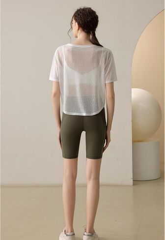 Perbai Womens Sheer Short Sleeve Workout Crop Top Crewneck See Through Loose Yoga Running Shirt in Saudi Arabia