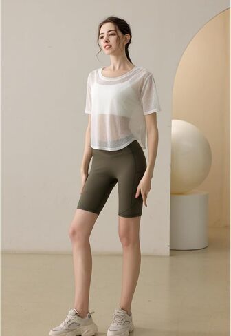 Perbai Womens Sheer Short Sleeve Workout Crop Top Crewneck See Through Loose Yoga Running Shirt in Saudi Arabia