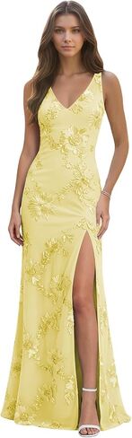 Floral Bridesmaid Dresses for Women Tulle Embroidery Mermaid V Neck Sleeveless Long Formal Prom Dress with Slit in Saudi Arabia