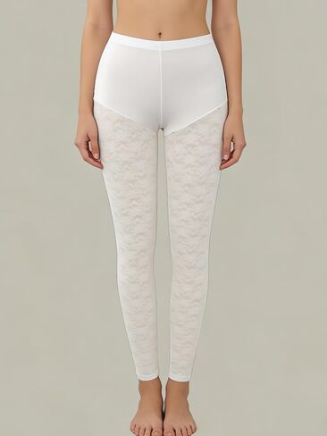 Women's White Lace Patchwork Leggings High Waist Stretchy Sheer Lace Pants Plus Size Friendly in Kuwait