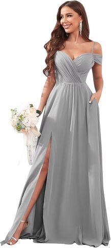 Off the Shoulder Bridesmaid Dresses for Women with Pockets Ruched Chiffon Long Formal Evening Dress with Slit in Saudi Arabia