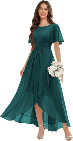 Modest Chiffon Bridesmaid Dresses for Women with Sleeves Long Ruffle High Low Formal Evening Gowns in Saudi Arabia