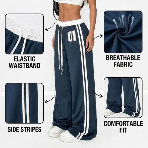 Women's Wide Leg Track Pants, Side Stripe High Waisted Baggy Sweatpants, Casual Loose Y2K Trousers in Kuwait