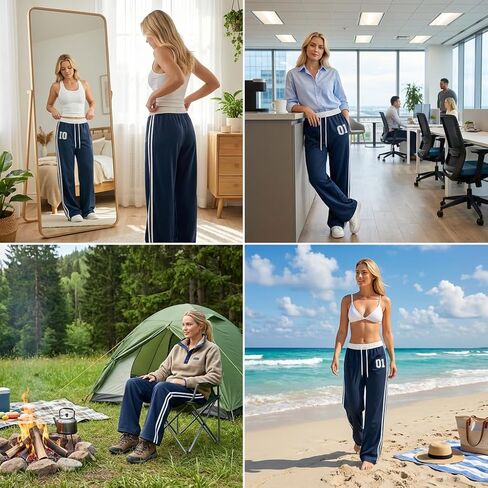 Women's Wide Leg Track Pants, Side Stripe High Waisted Baggy Sweatpants, Casual Loose Y2K Trousers in Kuwait