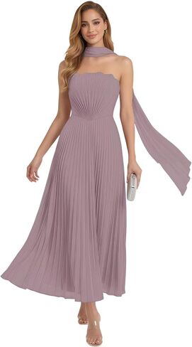 Pleated Bridesmaid Dresses with Scarf Long Chiffon Strapless A Line Formal Dress for Women in Saudi Arabia