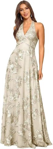 Women's Halter Floral Bridesmaid Dress Long Tulle Embroidery Formal Prom Evening Gown in Saudi Arabia