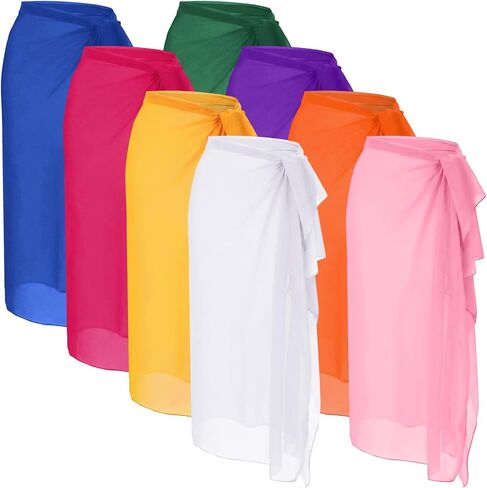 Unittype 8 قطع النساء الشاطئ Sarongs يلتف التغطيات الملونة Sarongs ملابس السباحة التغطيات للنساء الشيفون طويل بيكيني يلتف Pareos شير الشاطئ ثوب السباحة التستر للبحر الساحلي الزي ارتداء الملحقات in Kuwait
