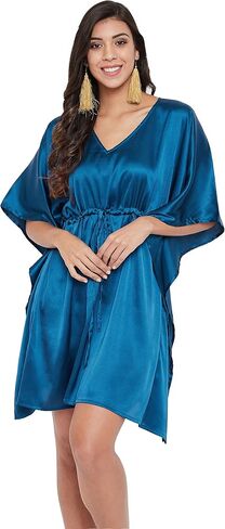 Oussum Women Satin Silk Short Caftan Tunic Dress Plus Size Beach Cover Up Mini Dresses for Sleepwear Nightwear Loungewear (Corsair Blue) in Saudi Arabia