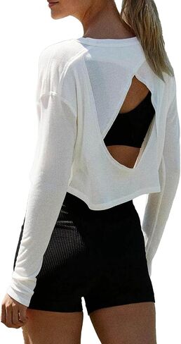 Womens Open Back Workout Tops Casual Long Sleeve Crop Tops Athletic Shirts Yoga Running Tee in Saudi Arabia