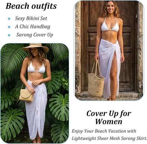 White Sarong Cover Up - Elegant Sheer Beach Wrap Skirt for Women, Lightweight and Breathable Polyester Blend, Perfect White Swimsuit Cover Up for Summer Vacations in Saudi Arabia