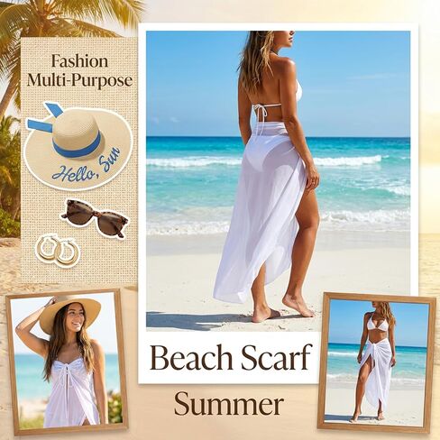 White Sarong Cover Up - Elegant Sheer Beach Wrap Skirt for Women, Lightweight and Breathable Polyester Blend, Perfect White Swimsuit Cover Up for Summer Vacations in Saudi Arabia