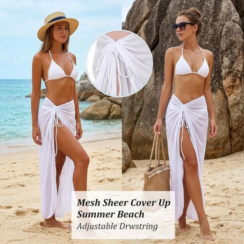 White Sarong Cover Up - Elegant Sheer Beach Wrap Skirt for Women, Lightweight and Breathable Polyester Blend, Perfect White Swimsuit Cover Up for Summer Vacations in Saudi Arabia