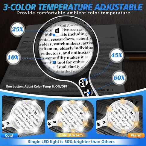 Large Magnifying Glass with Lights,10X 25X 45X 60X Handheld Lighted Magnifier, 5in Page Magnifier LED Lights, Magnifying Glass for Reading Small Prints & Low Vision Seniors with Aging Eyes in Saudi Arabia