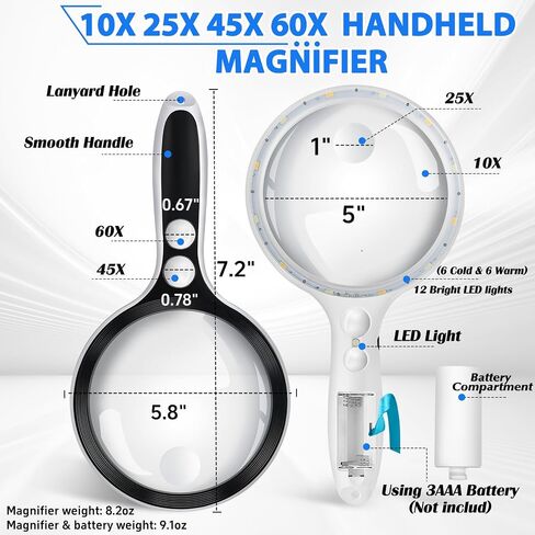 Large Magnifying Glass with Lights,10X 25X 45X 60X Handheld Lighted Magnifier, 5in Page Magnifier LED Lights, Magnifying Glass for Reading Small Prints & Low Vision Seniors with Aging Eyes in Saudi Arabia