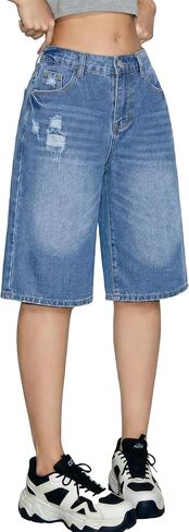 Girls Jean Shorts Baggy Wide Leg Cute Y2K Retro Washed Denim Shorts for Teen Girl Trendy Distressed Streetwear 12-16Y in Saudi Arabia