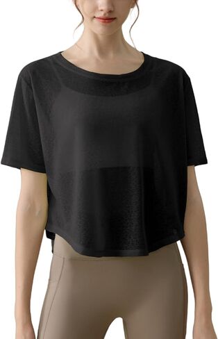 Perbai Womens Sheer Short Sleeve Workout Crop Top Crewneck See Through Loose Yoga Running Shirt in Saudi Arabia
