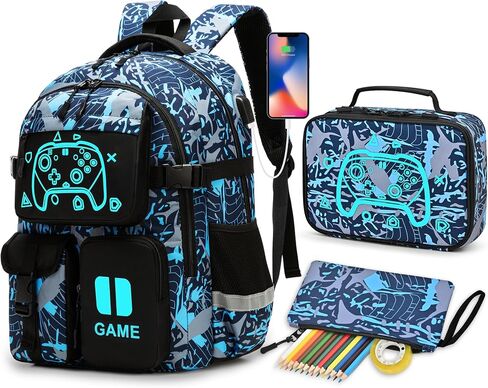 Game Kids Backpack Set, Large Boys Backpack with Lunch Bag & Pencil Case, Waterproof School Backpacks With USB Charging Port, Luminous Camo Bookbags Fits 15.6" Laptop For Boy Age 6-18, Blue in Kuwait