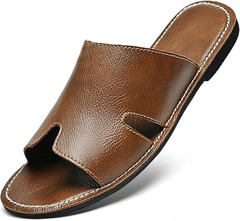 Men'S Genuine Leather Flat Slides Sandals Summer Classic Round Open Toe Slip On Softsole Male Sandals For Beach Walking Slides in Saudi Arabia