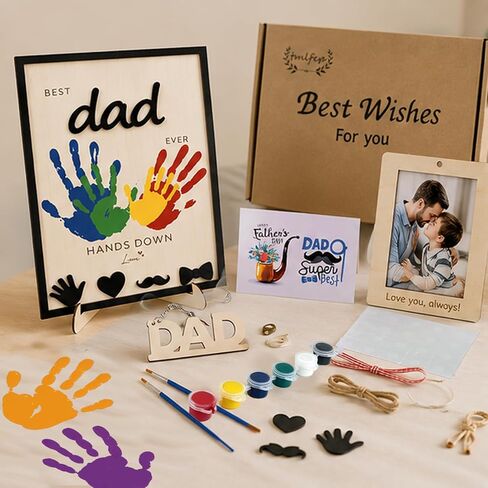 Best Dad Ever Handprint Craft Kit, Wooden Keepsake Sign with Paint, DIY Handprint Gift for Dad, Grandpa, Stepdad, Personalized Handprint Plaque for Kids in Saudi Arabia