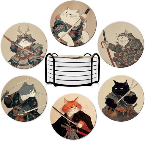 Dooke Coasters for Drinks, Round Absorbent Ceramic Stone Coasters Set of 6 with Cork Base, Funny Drink Coasters with Holder for Cold Drinks Wine Mugs and Cups Tabletop Protection,Japanese‌ Cat in Saudi Arabia