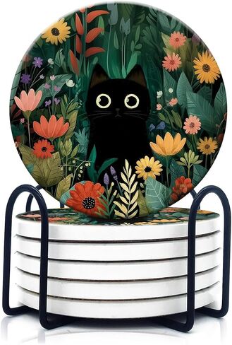 Dooke Coasters for Drinks, Round Absorbent Ceramic Stone Coasters Set of 6 with Cork Base, Funny Drink Coasters with Holder for Cold Drinks Wine Mugs and Cups Tabletop Protection,Japanese‌ Cat in Kuwait