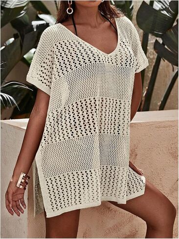 WDIRARA Women's Swimsuit Coverup Crochet V Neck Short Sleeve Beach Dress Cover Ups Swimwear in Kuwait