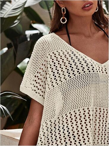 WDIRARA Women's Swimsuit Coverup Crochet V Neck Short Sleeve Beach Dress Cover Ups Swimwear in Kuwait