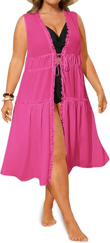 Yousify Womens Plus Size Swimsuit Long Cover Up Chiffon Bikini Coverups Kimono Tie Front Bathing Suit Beachwear in Kuwait