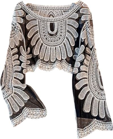Women's Floral Embroidered Semi-Sheer Cover Up，Long Sleeve Sheer Beach Coverups， Bohemian Womens Lace Cover Up Top in Saudi Arabia