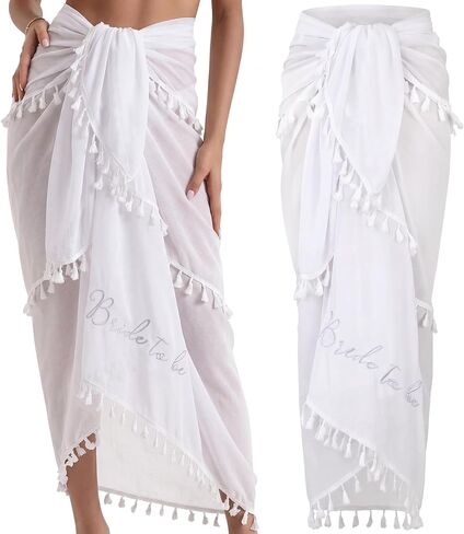 Unittype Bride to Be Sarong Beach Cover Up مطرزة الزفاف الأبيض Sarong ملابس السباحة التستر مع شرابة الزي العازبة للنساء العروس بيكيني، 48 × 58.2 بوصة in Kuwait