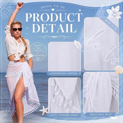Unittype Bride to Be Sarong Beach Cover Up مطرزة الزفاف الأبيض Sarong ملابس السباحة التستر مع شرابة الزي العازبة للنساء العروس بيكيني، 48 × 58.2 بوصة in Kuwait