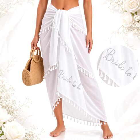 Unittype Bride to Be Sarong Beach Cover Up مطرزة الزفاف الأبيض Sarong ملابس السباحة التستر مع شرابة الزي العازبة للنساء العروس بيكيني، 48 × 58.2 بوصة in Kuwait